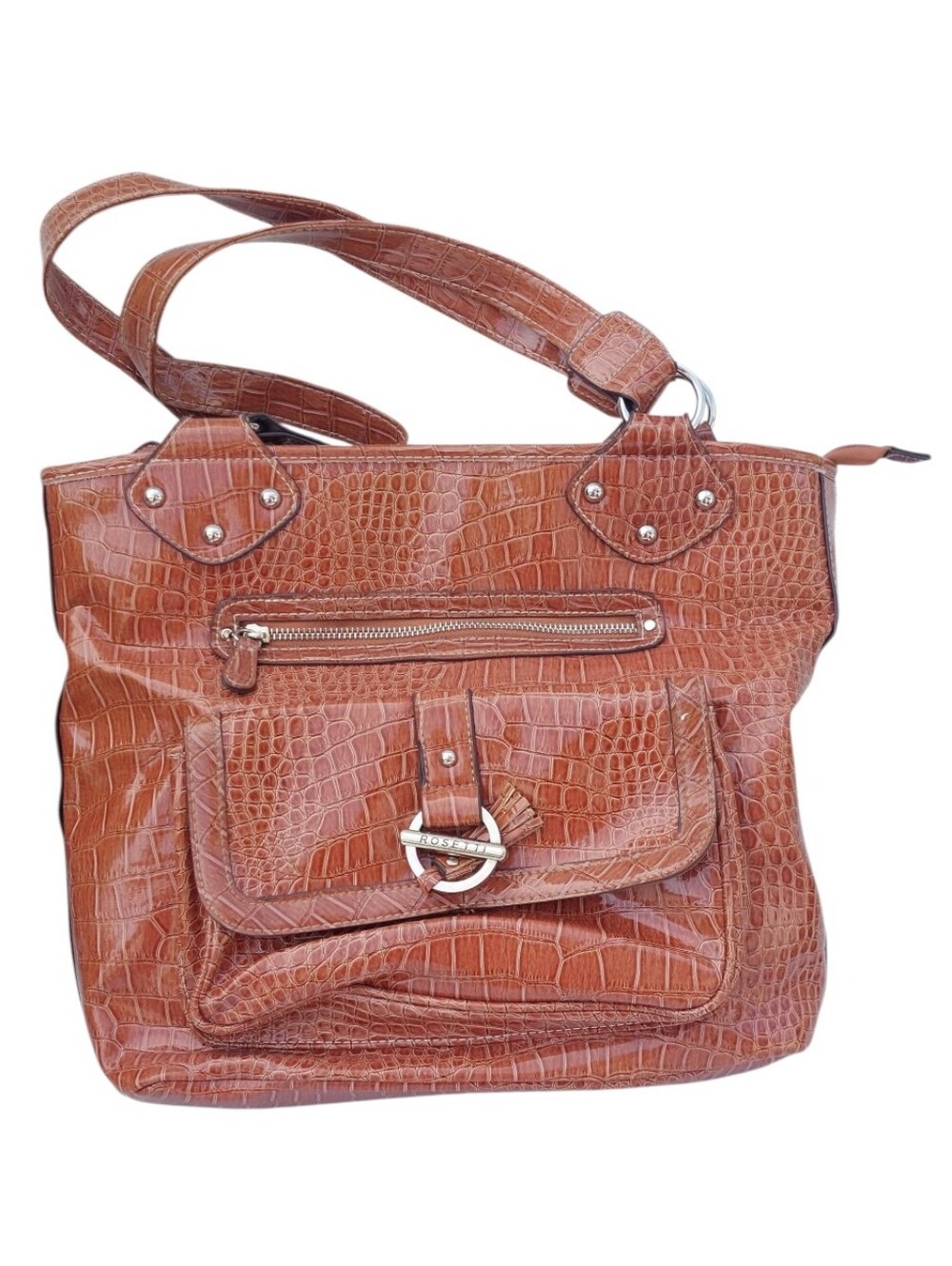 Brown Croc-Embossed Tote Bag with Front Pocket Purse